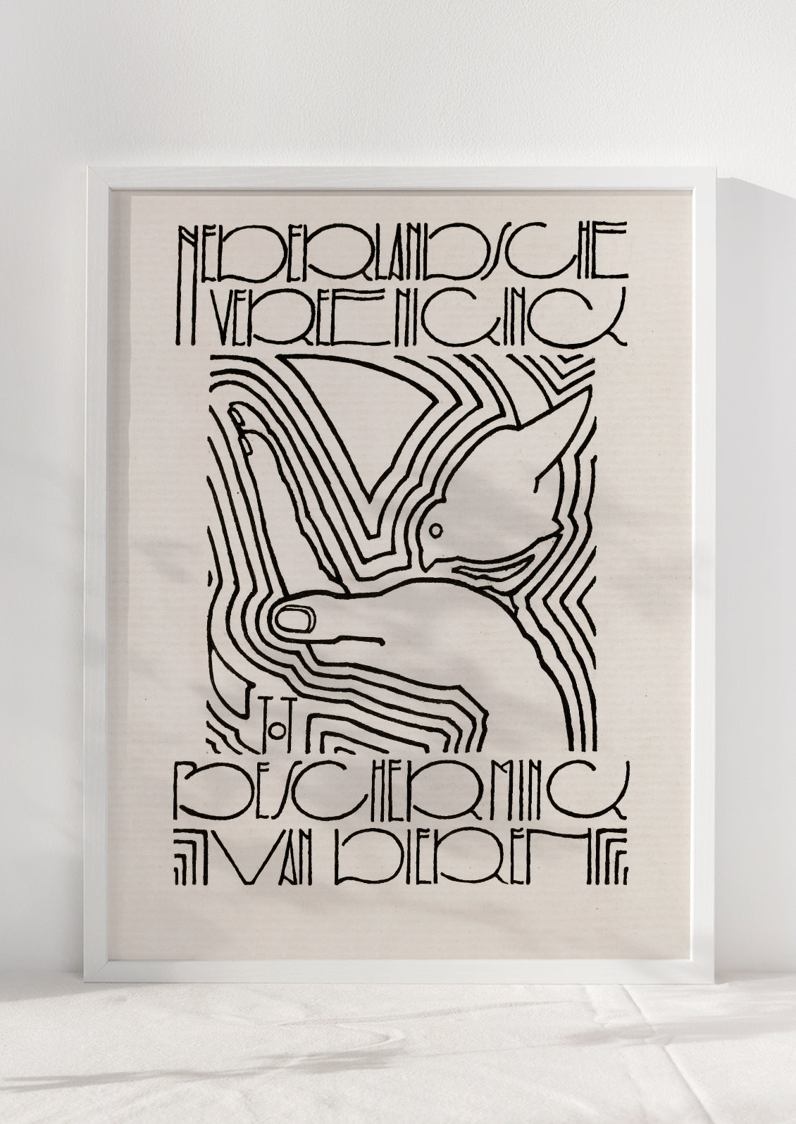 An art print inspired by vintage art exhibition poster, with depiction of bird in hand.