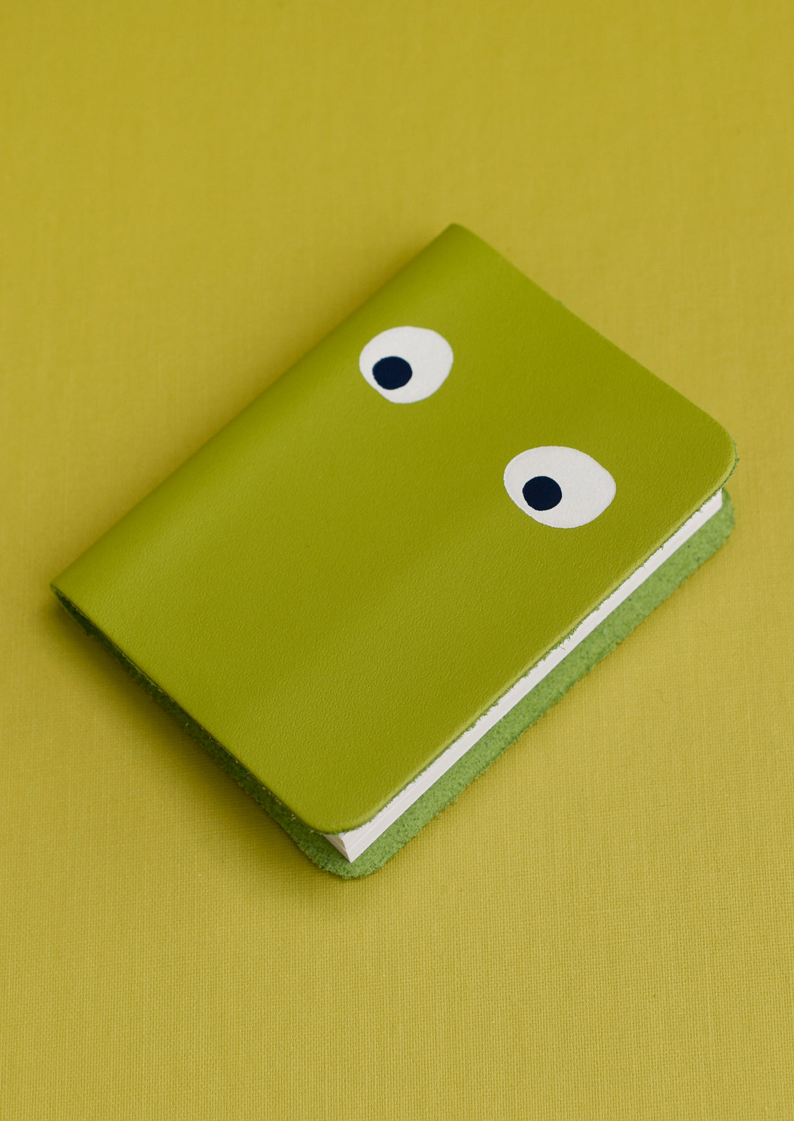 A green leather notebook with pair of eyes painted on cover.