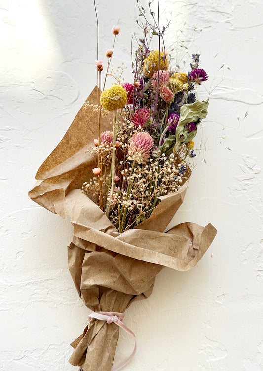A multicolor bouquet of dried flowers.