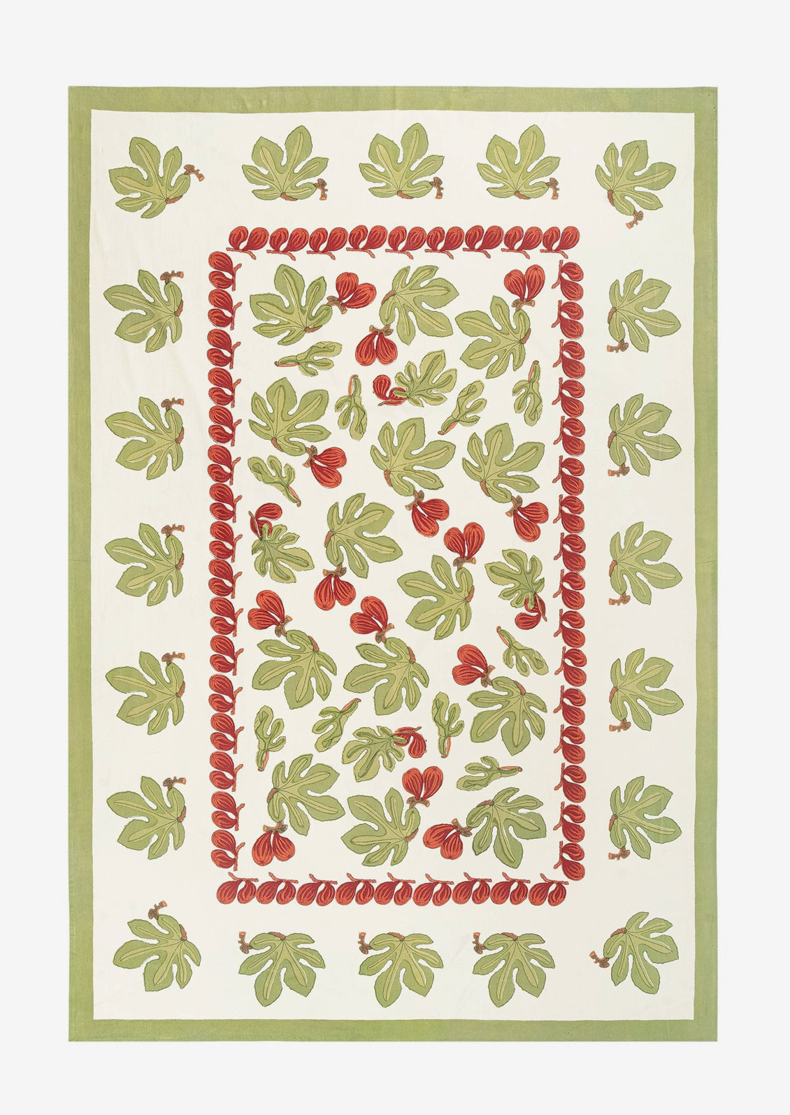 A block printed tablecloth with fig fruit and leaf pattern.