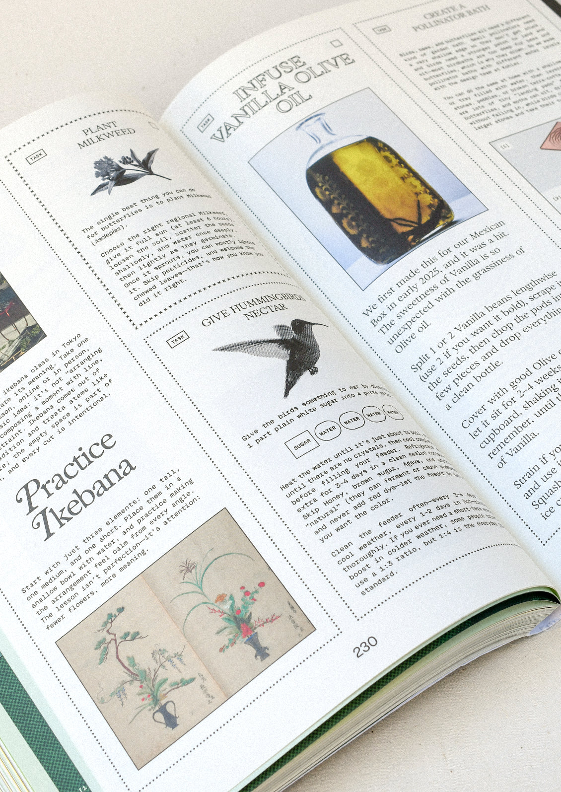 A book open on a table with various text  and images.