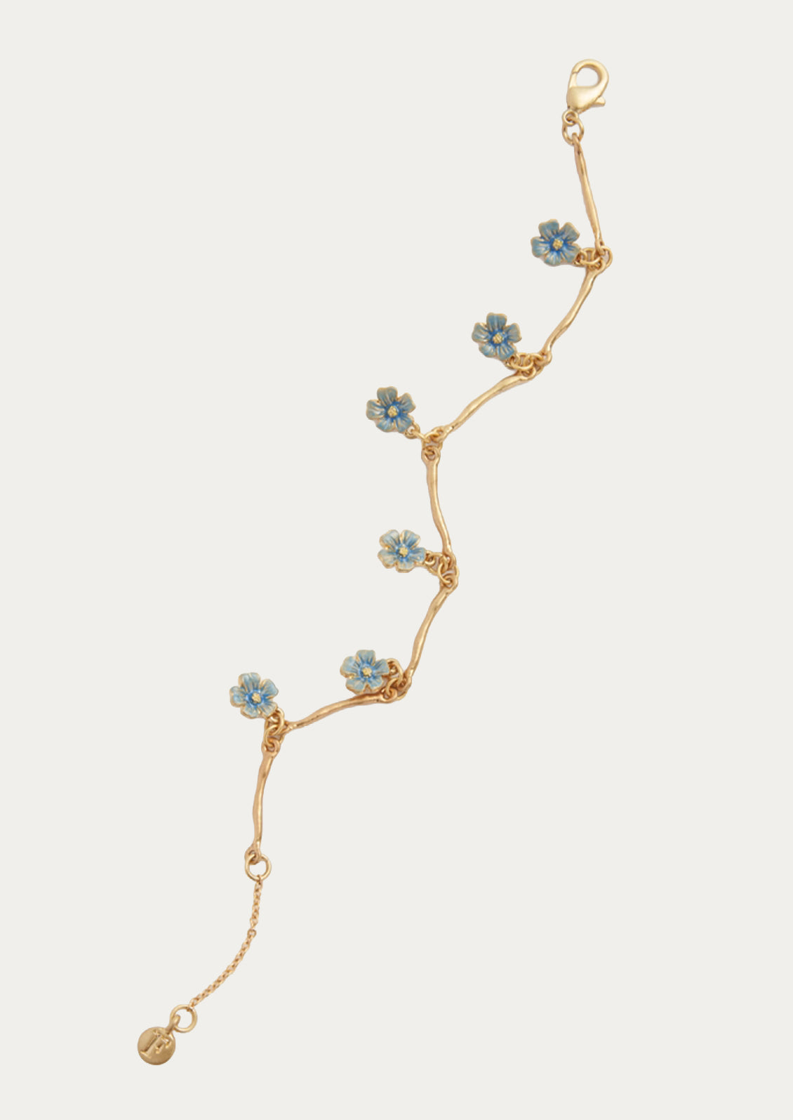 A gold bracelet with blue flower charms.