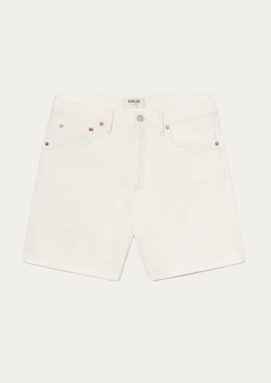 A pair of relaxed denim shorts in white.