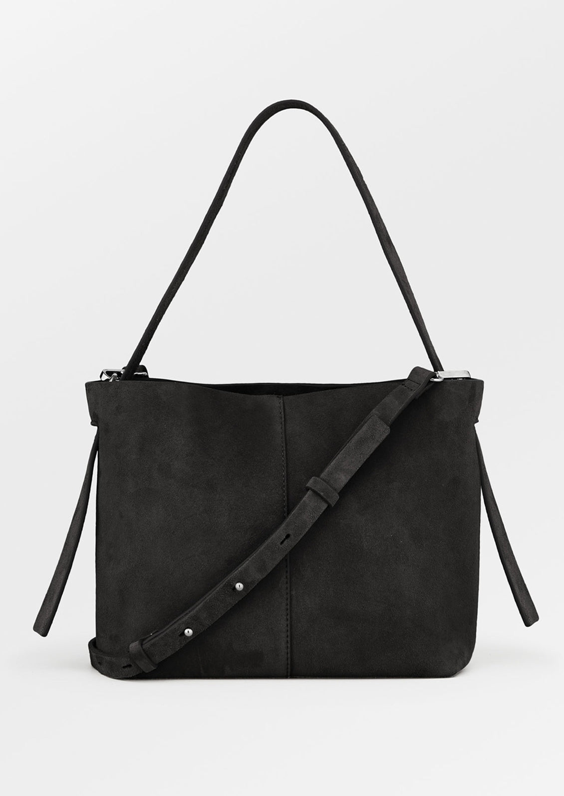 A suede handbag in black.
