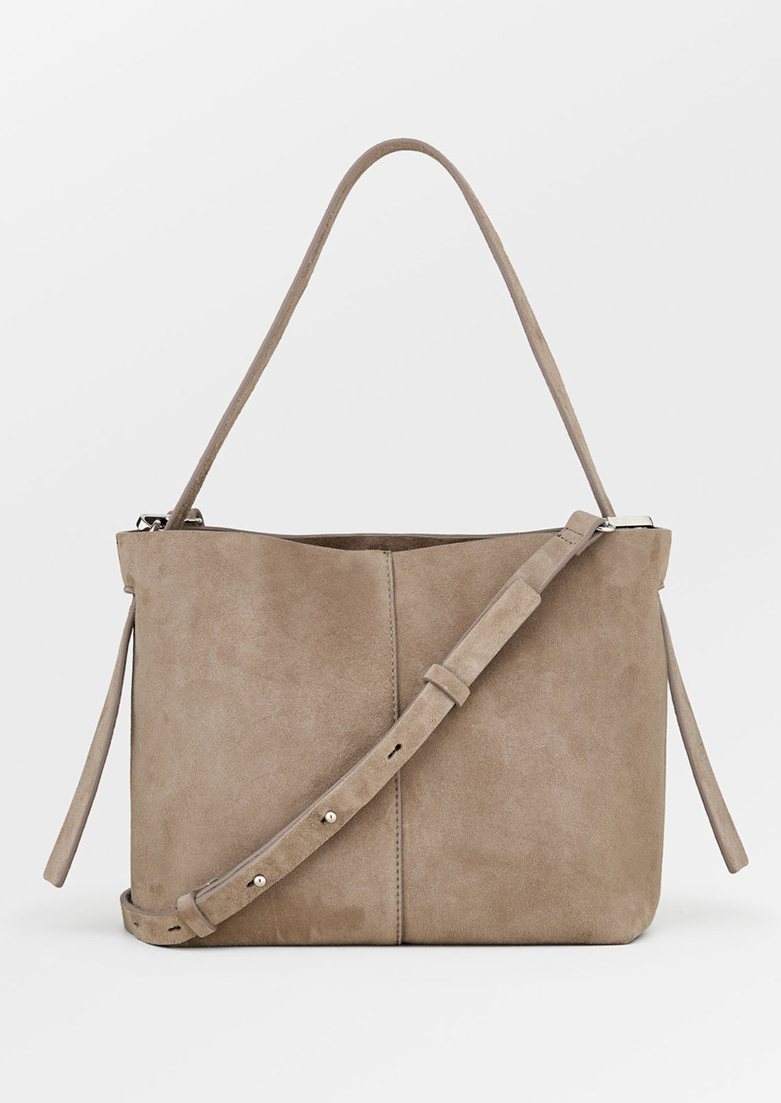A suede handbag in mouse grey.