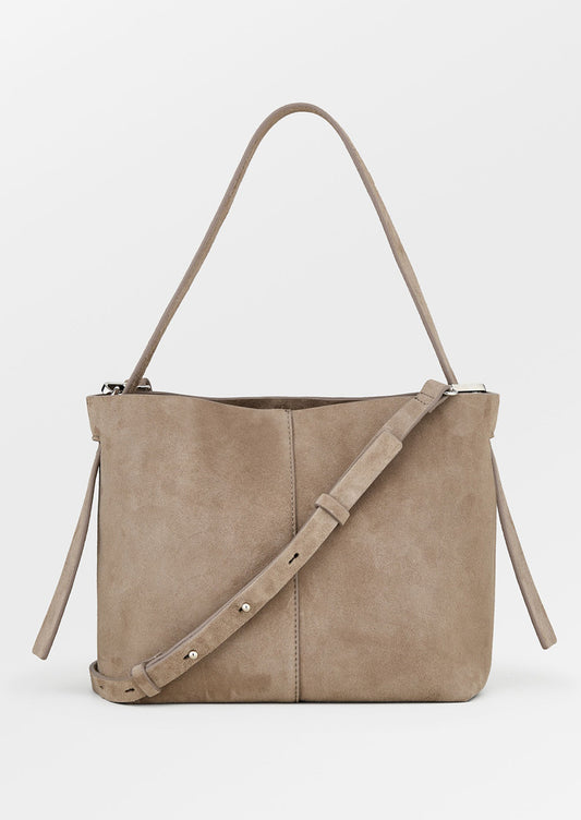 A suede handbag in mouse grey.