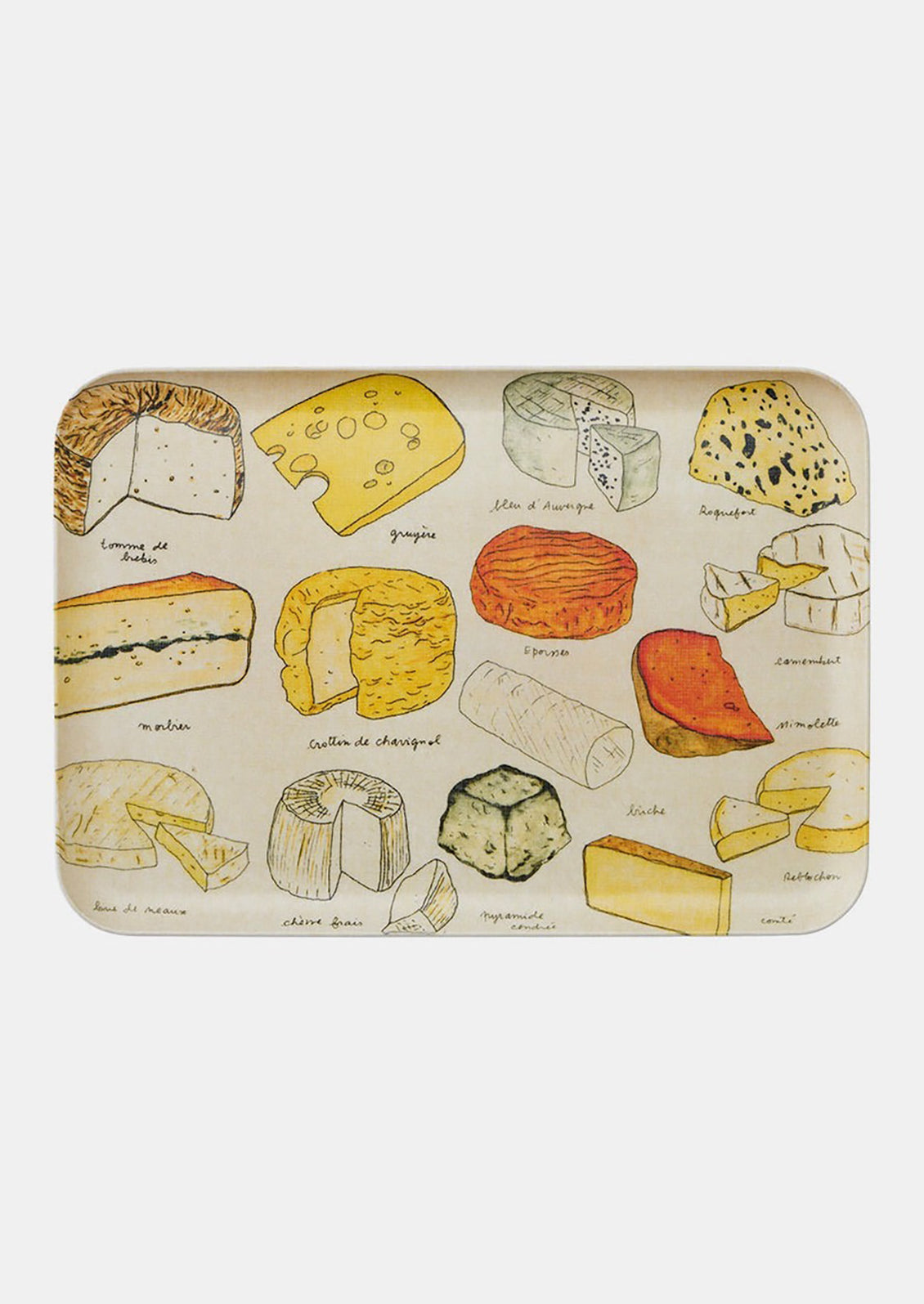A serving tray with cheese print.