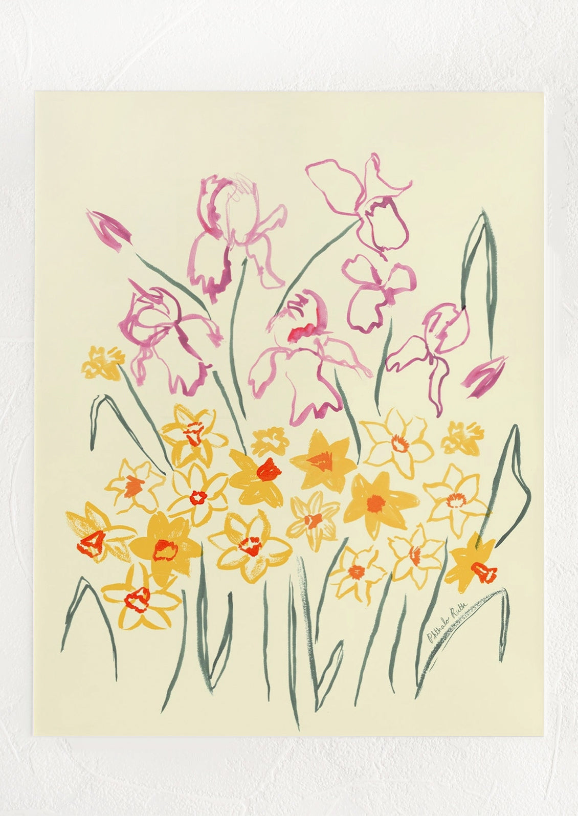 Artistic illustration of pink and yellow flowers on a beige background