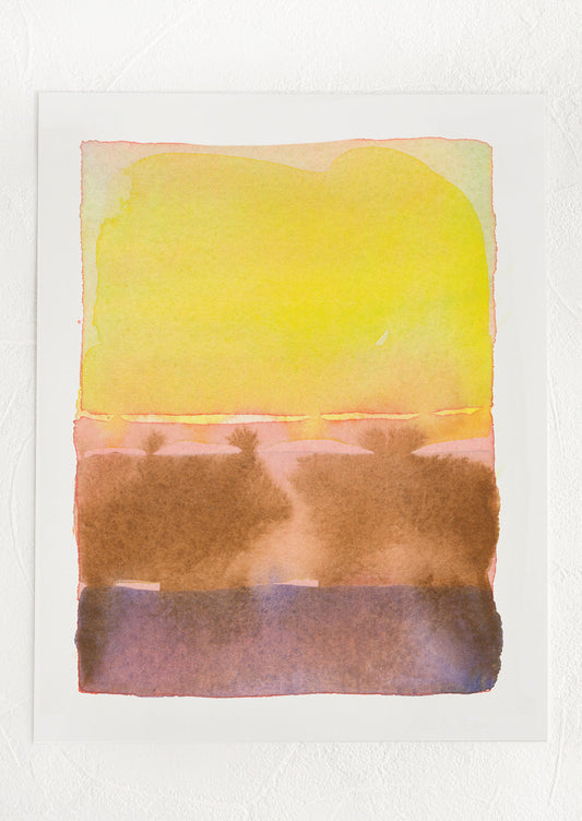 An abstract watercolor art print in shades of yellow, pink brown and purple.