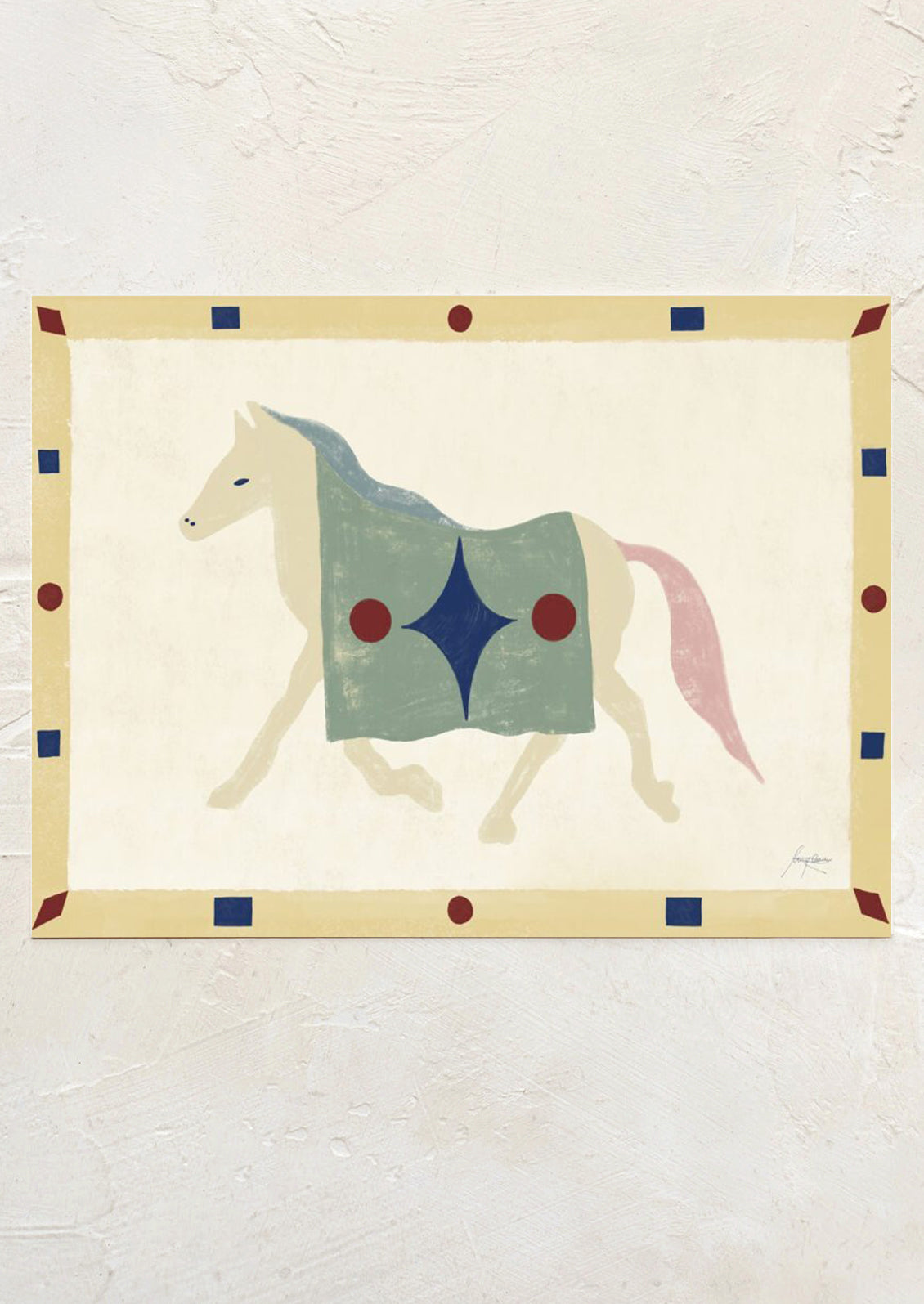 Abstract painting of a horse with geometric patterns on a textured wall.