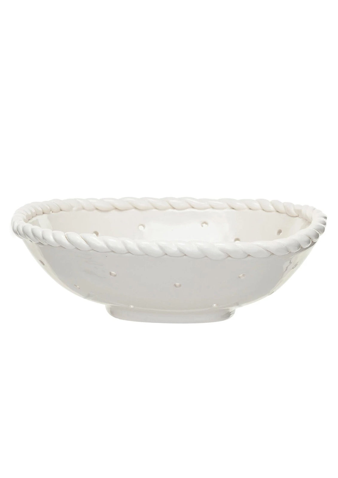 A white stoneware colander with twisted "rope" rim.