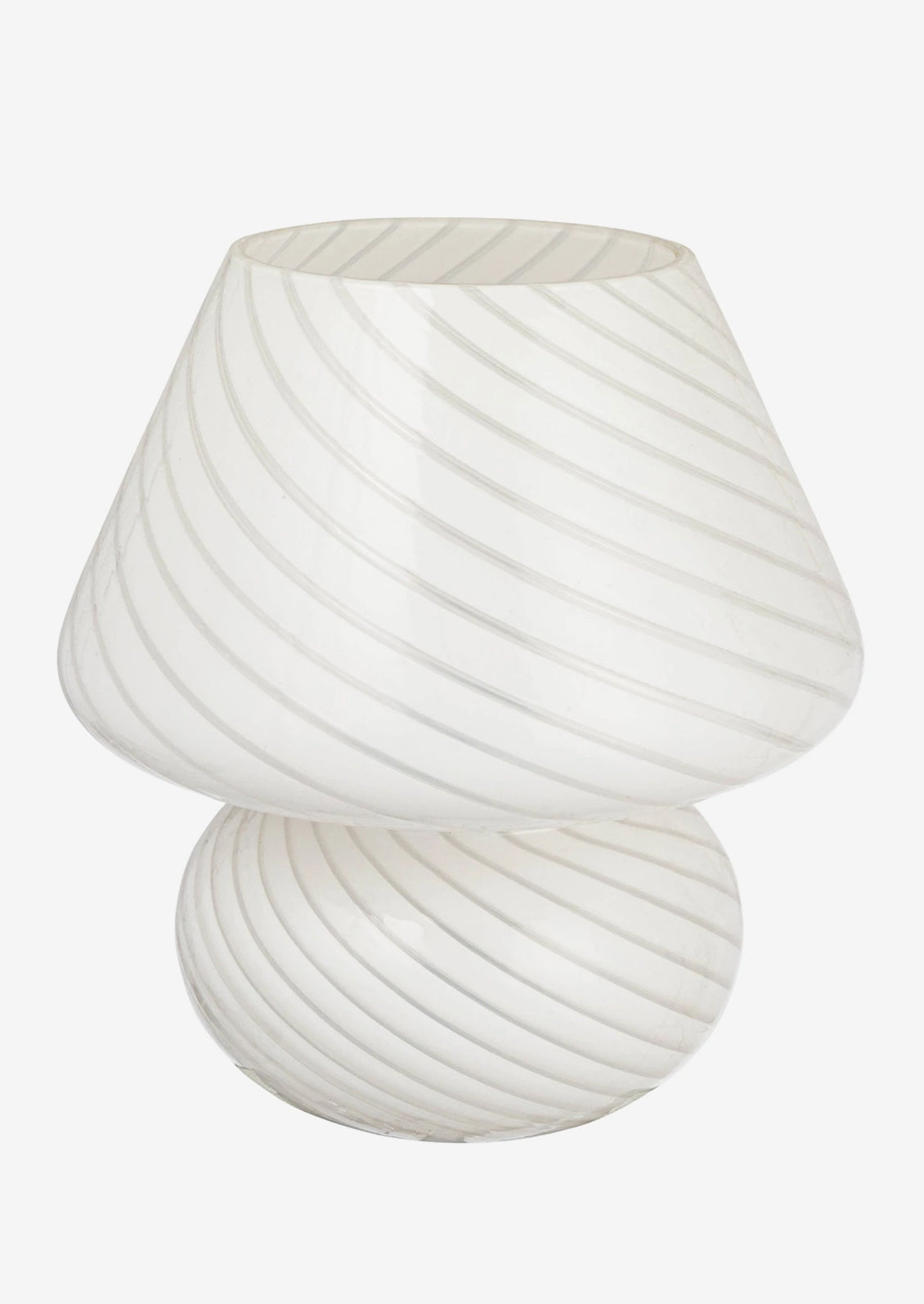 A white art glass table lamp with white/clear spiral pattern.