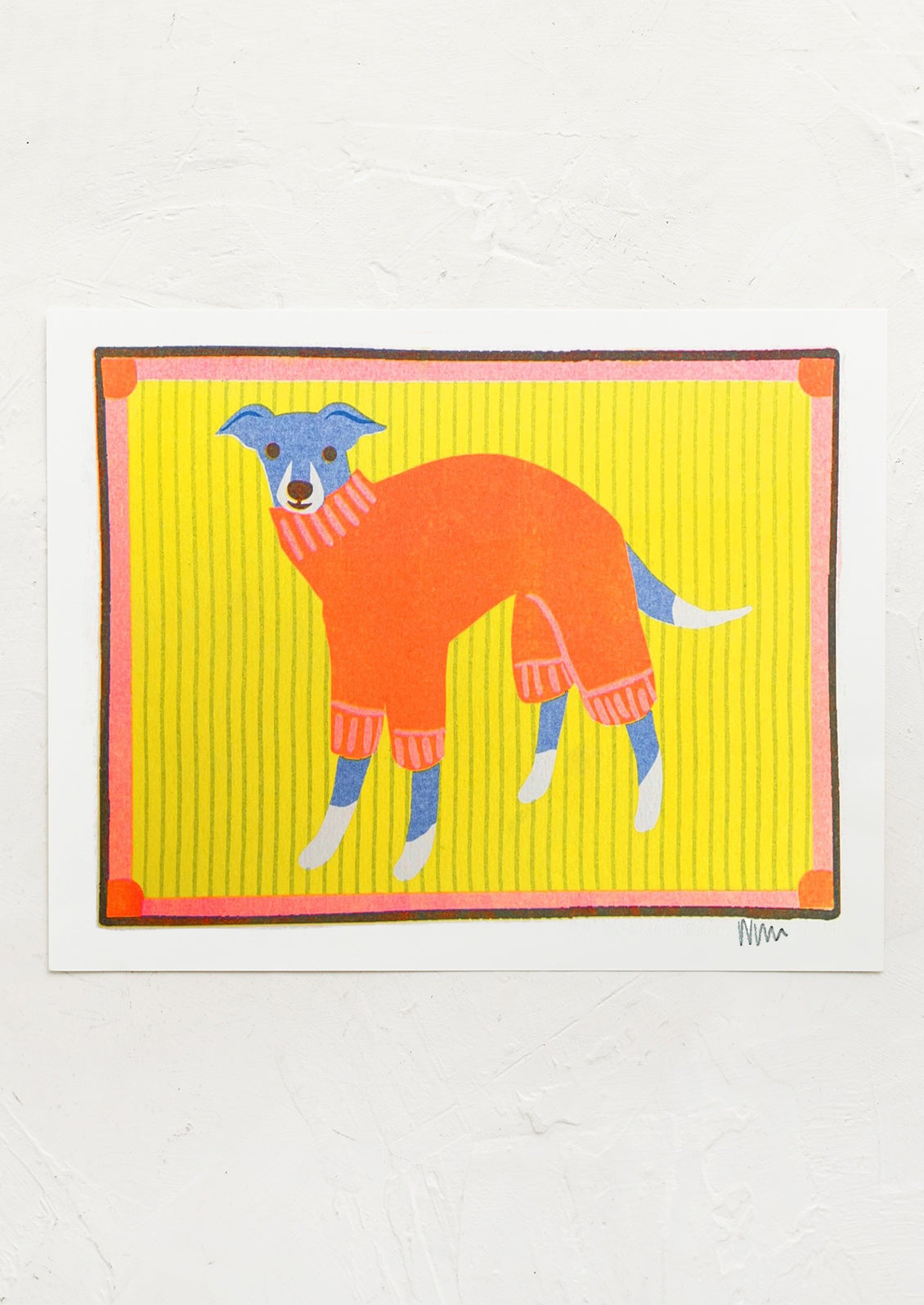 Colorful illustration of a dog wearing a sweater on a yellow background