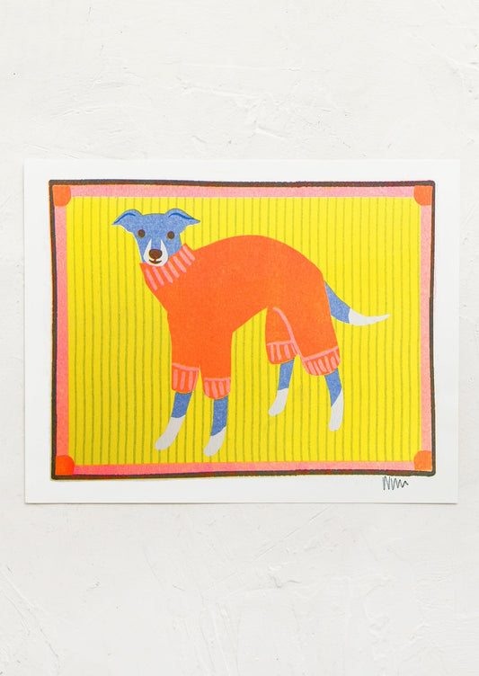 Colorful illustration of a dog wearing a sweater on a yellow background