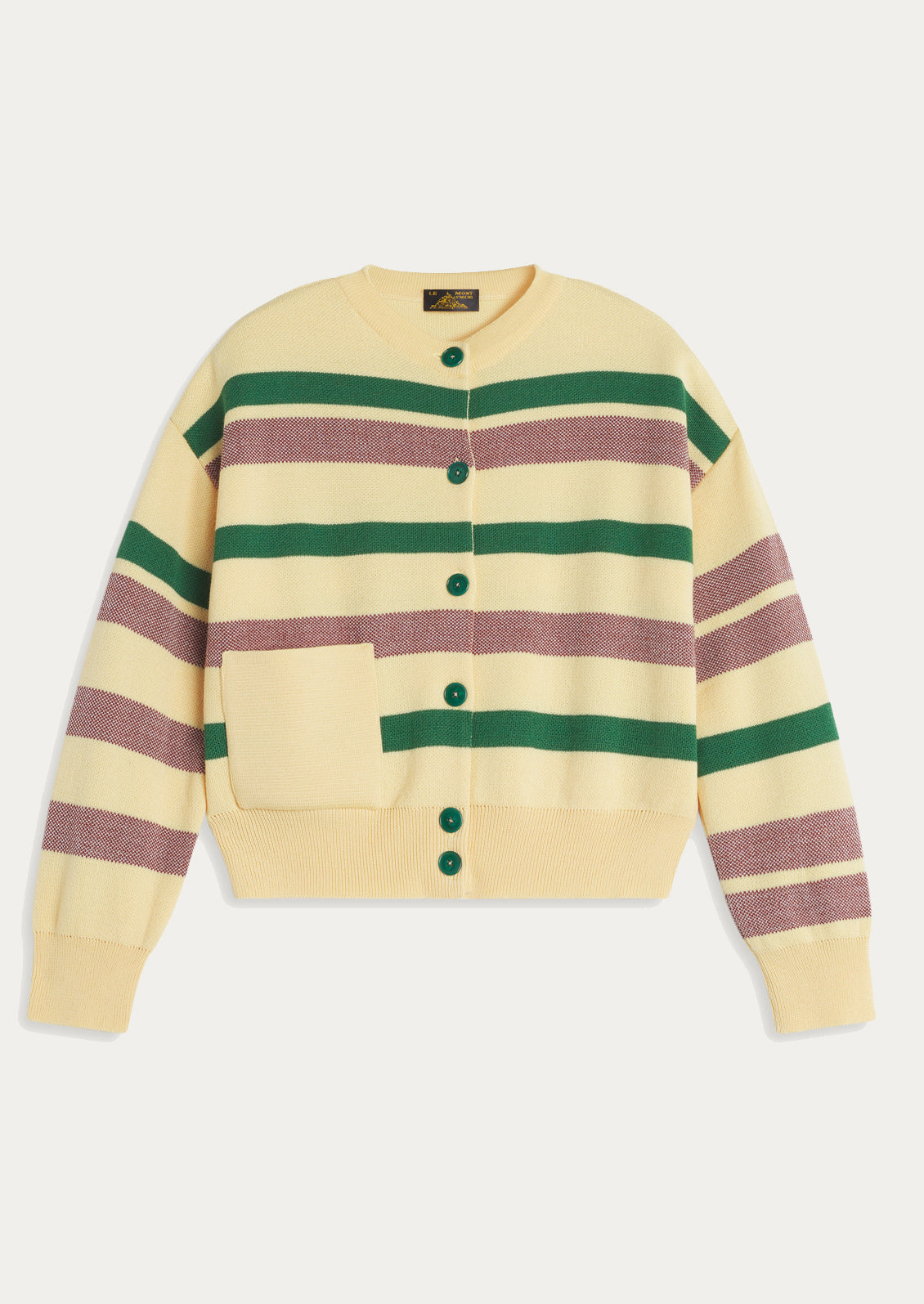 A long sleeve cardigan sweater in butter yellow with one front patch pocket at hips, and green and brown stripe pattern throughout.