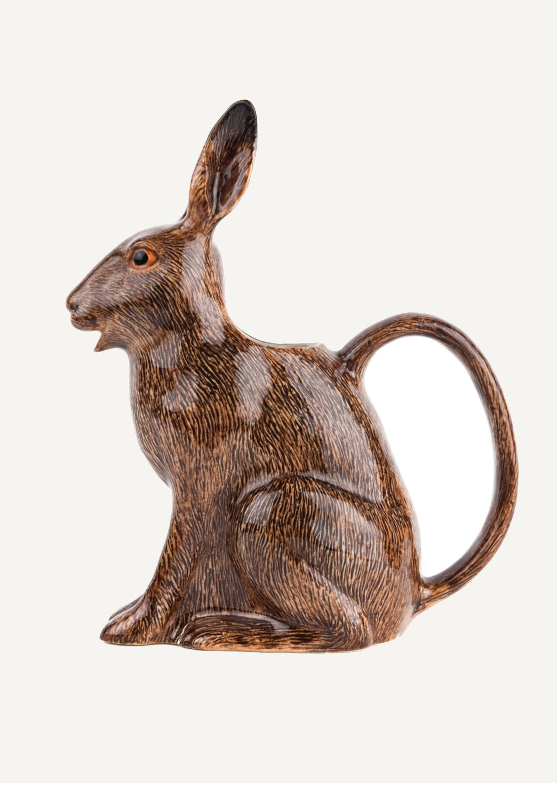 A brown ceramic pitcher in the realistic shape of a rabbit.