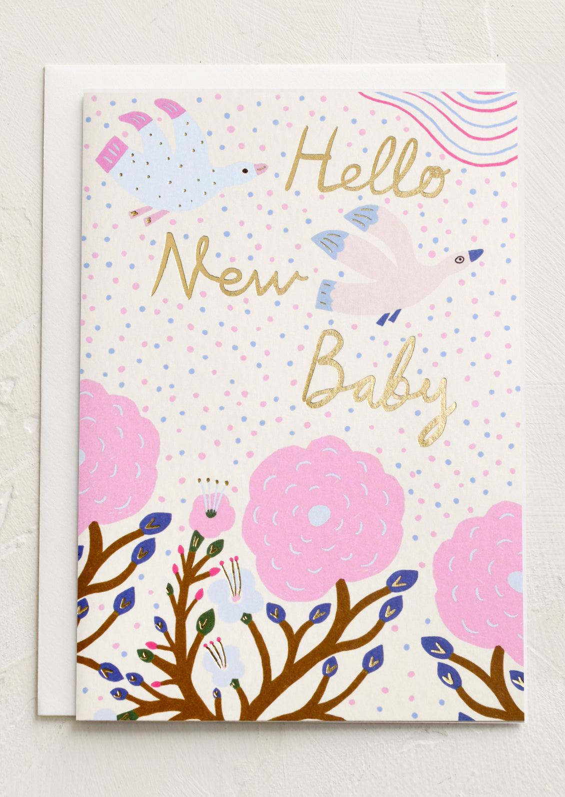 An illustrated card reading "Hello new baby".