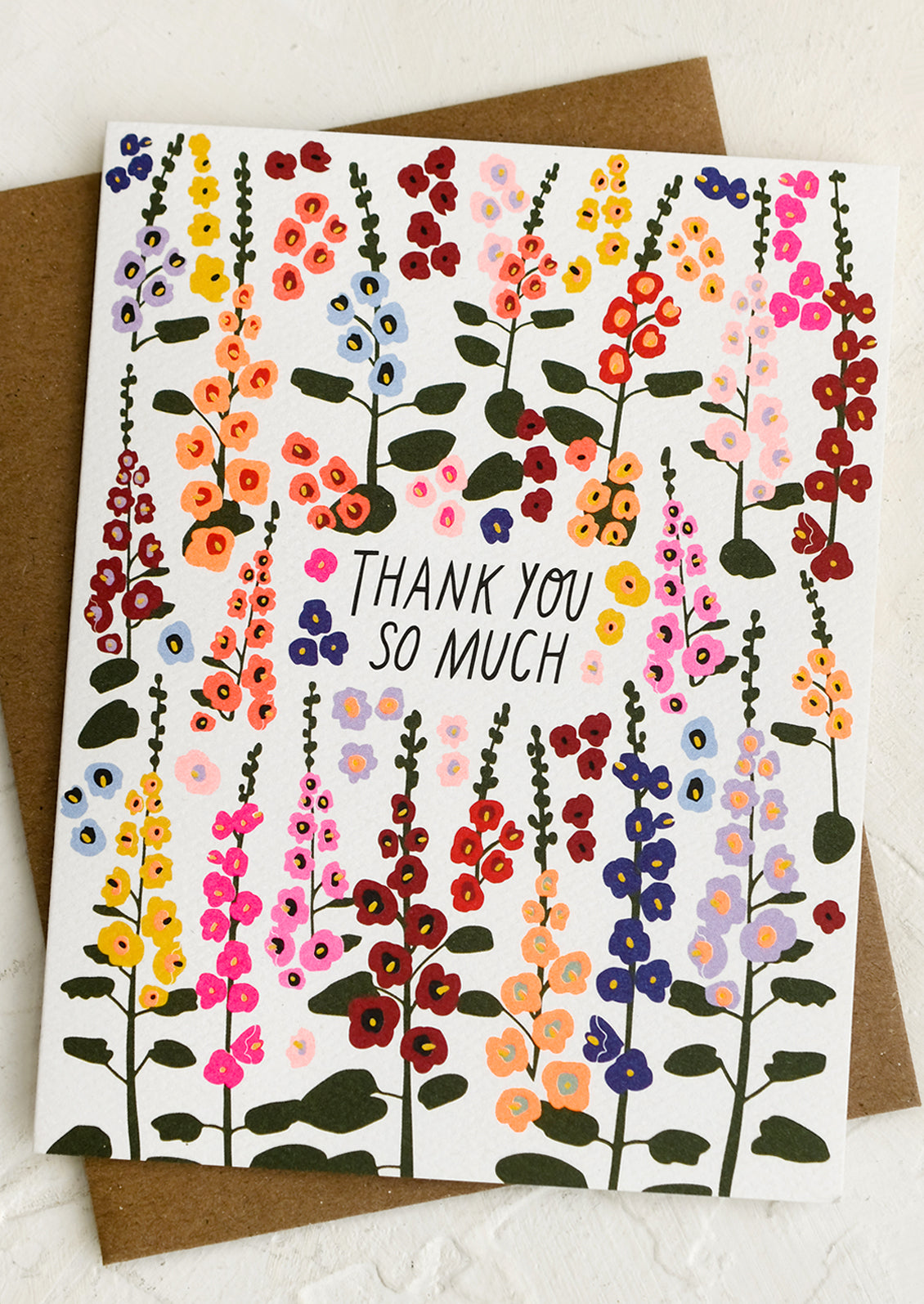 A hollyhock flower print thank you card.