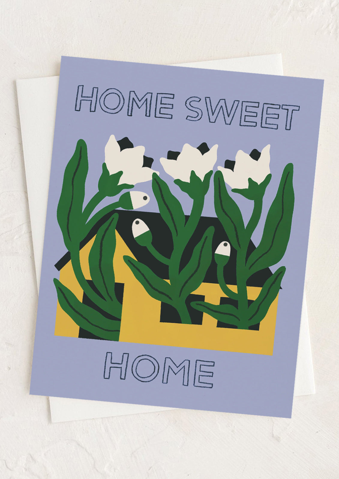 Greeting card with floral design and 'Home Sweet Home' text on a light purple background