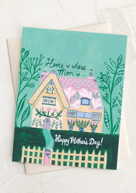 Mother's Day card with a house illustration and text on a white background