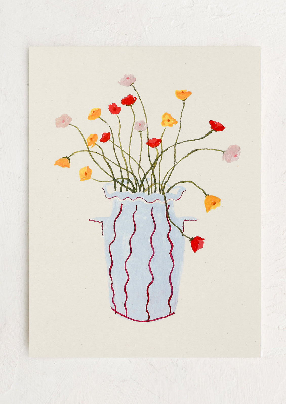 An art print of multicolor poppy flowers in striped vase, on cream background.