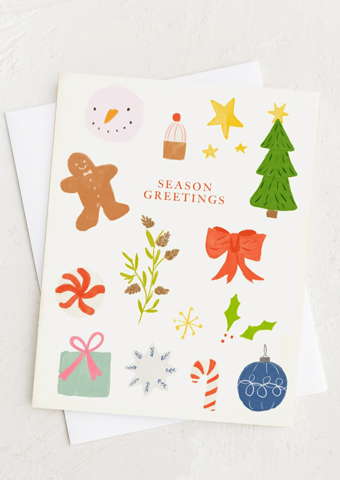 A greeting card with all sorts of festive illustrations.