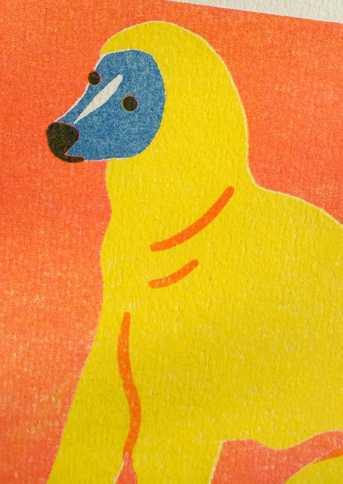 Abstract illustration of a yellow figure with blue face on an orange background