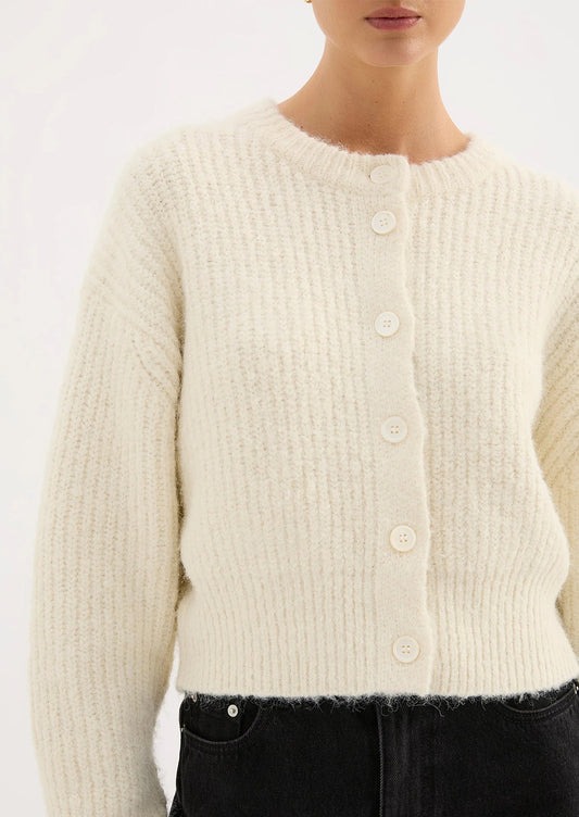 Close-up of a person wearing a cream-colored cardigan against a white background