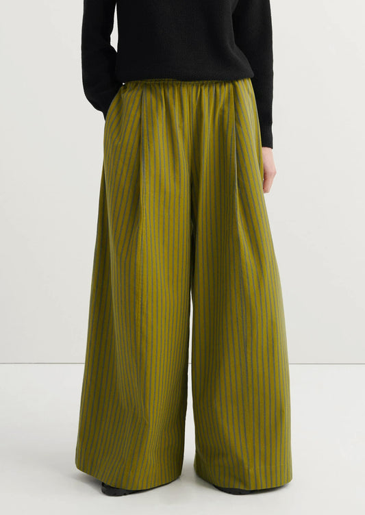 Person wearing green striped wide-leg pants on a white background