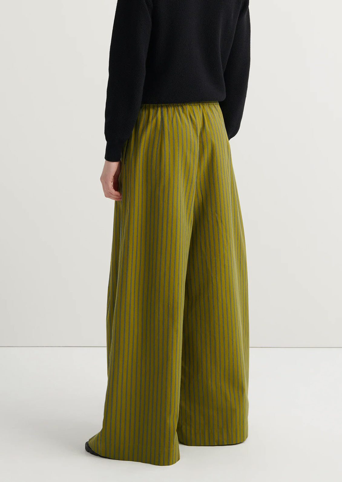Person wearing green striped pants on a white background