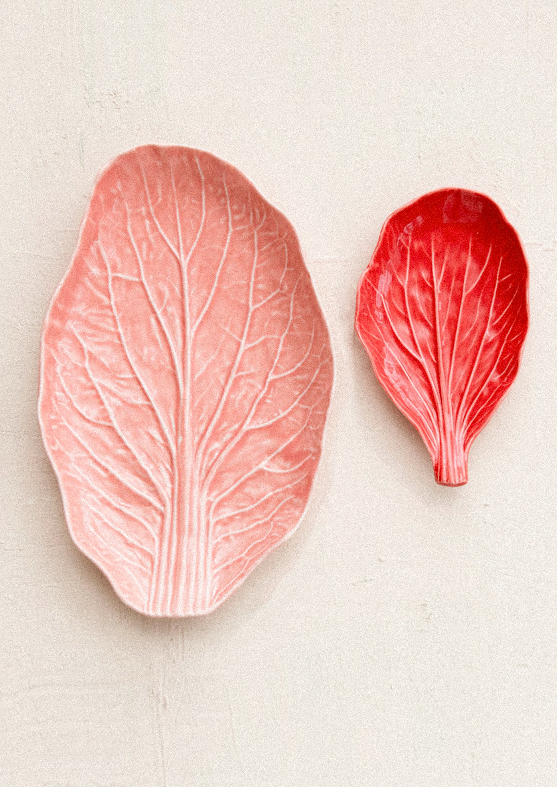 Two red leaf-shaped objects on a beige background
