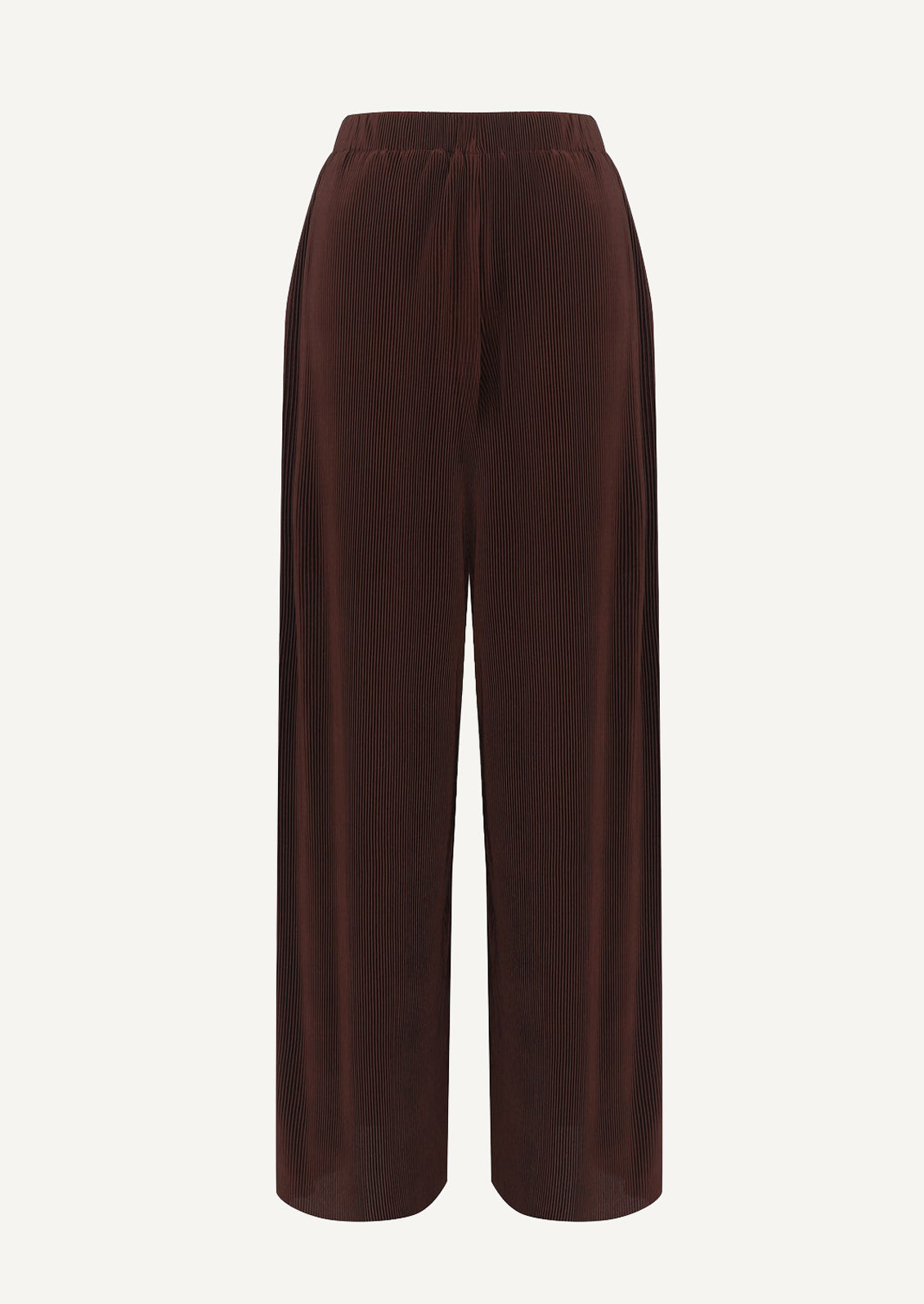 A pair of chocolate brown pants in mini pleat.