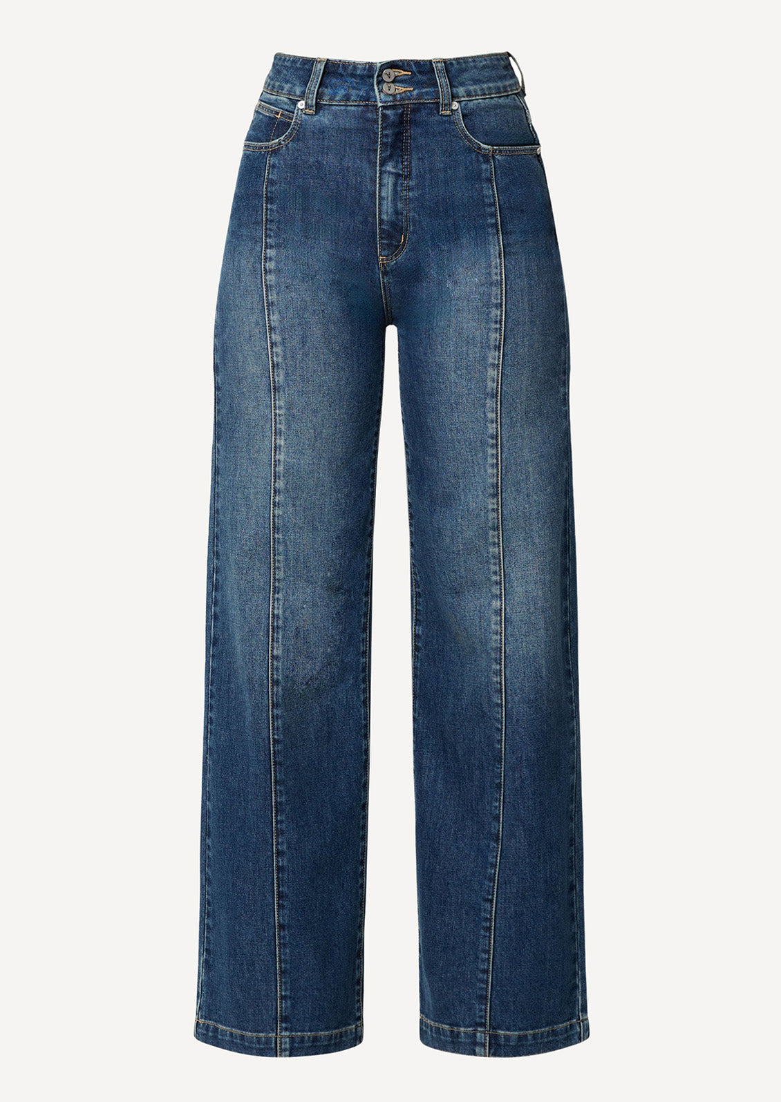 A pair of wide leg, high rise jeans in medium dark blue wash with seam down center leg.
