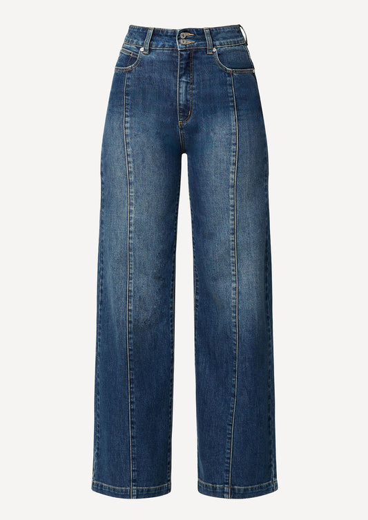A pair of wide leg, high rise jeans in medium dark blue wash with seam down center leg.