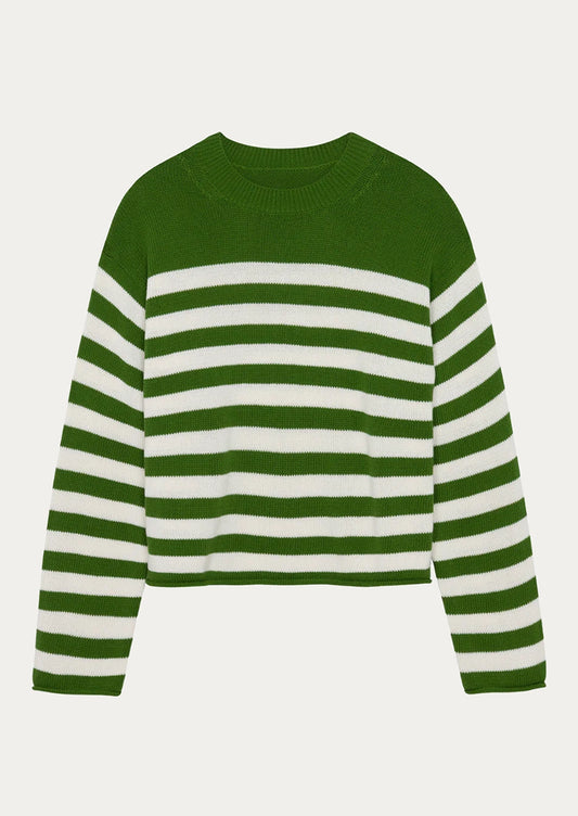 A green cotton sweater with white stripes.