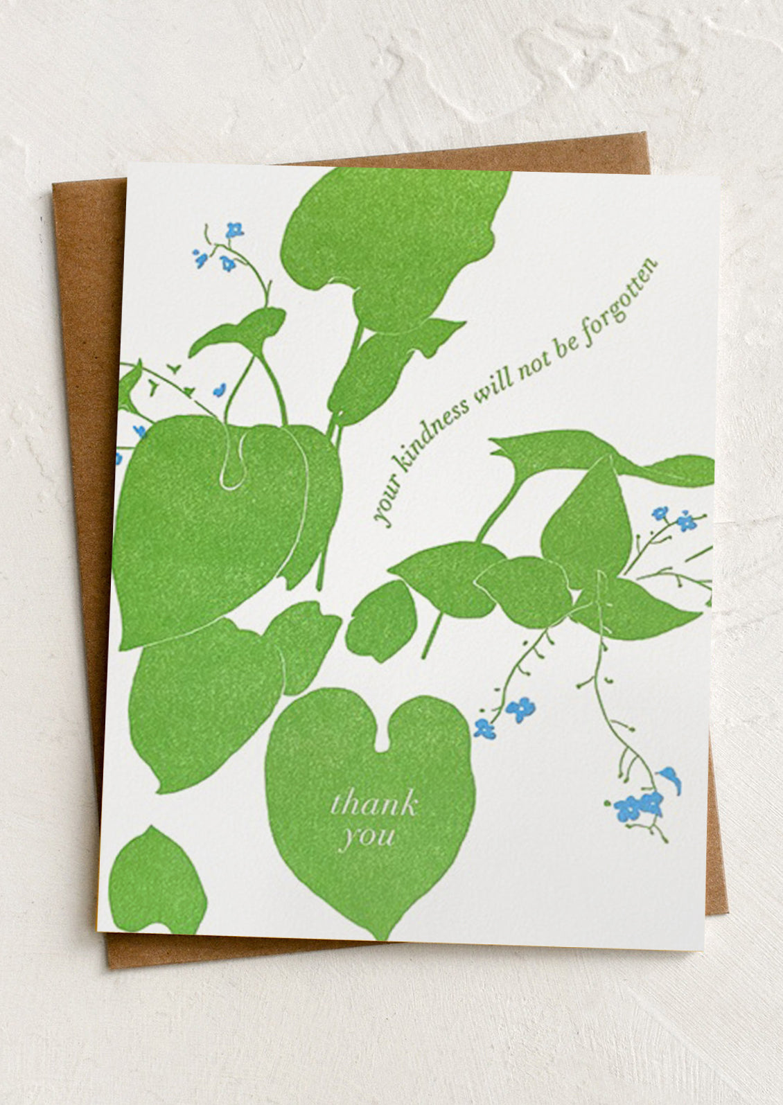 A greeting card with floral print, text reads "your kindness will not be forgotten".