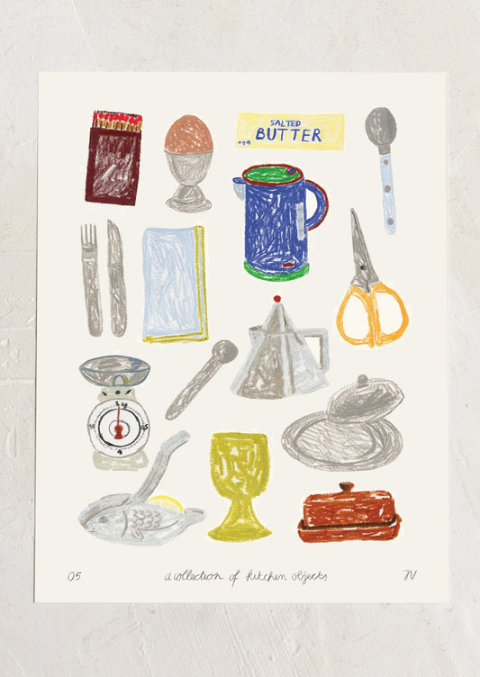 Illustration of kitchen items including a teapot, scissors, and a teacup on a white background.