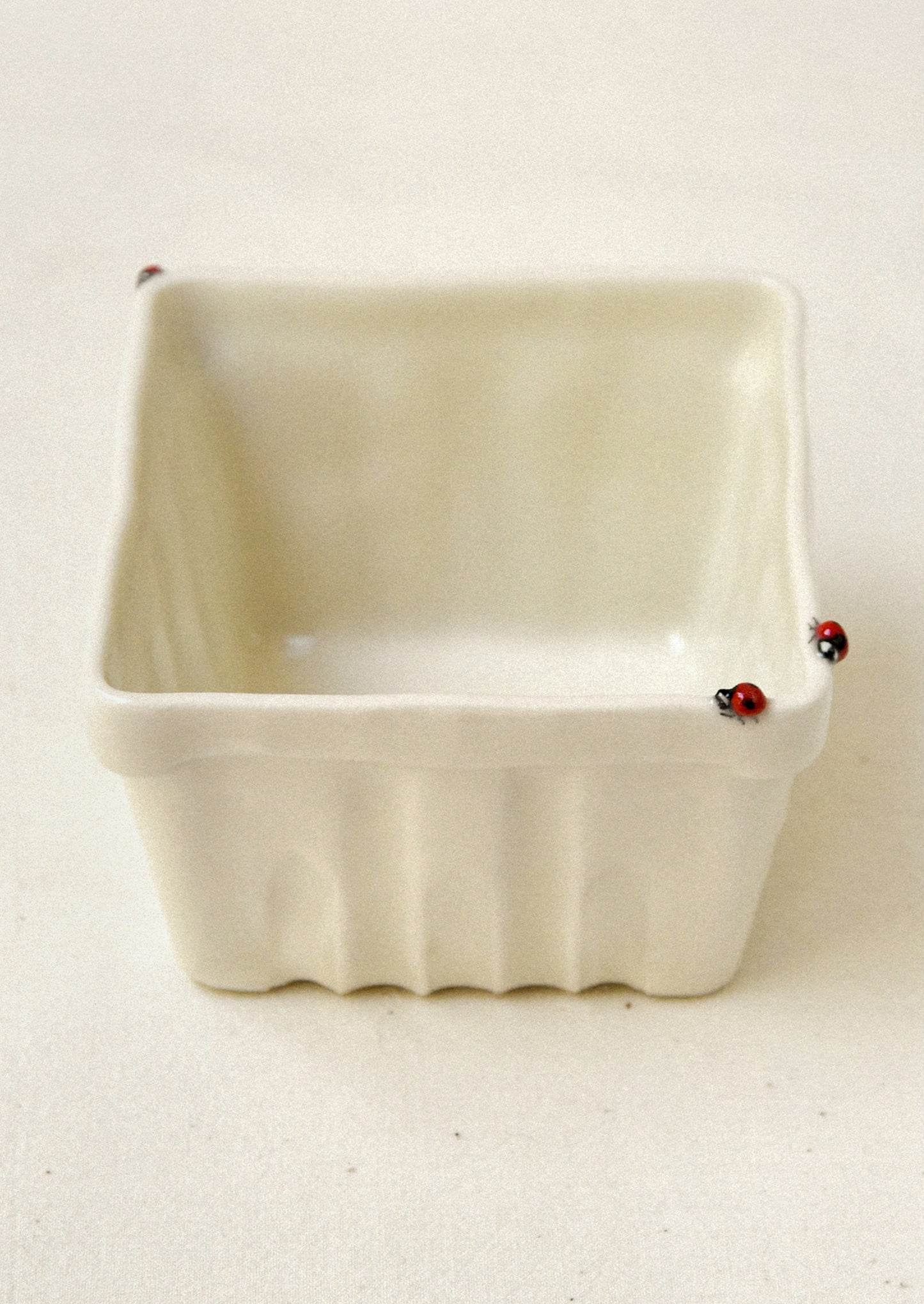 White ceramic basket with red ladybugs on a beige background