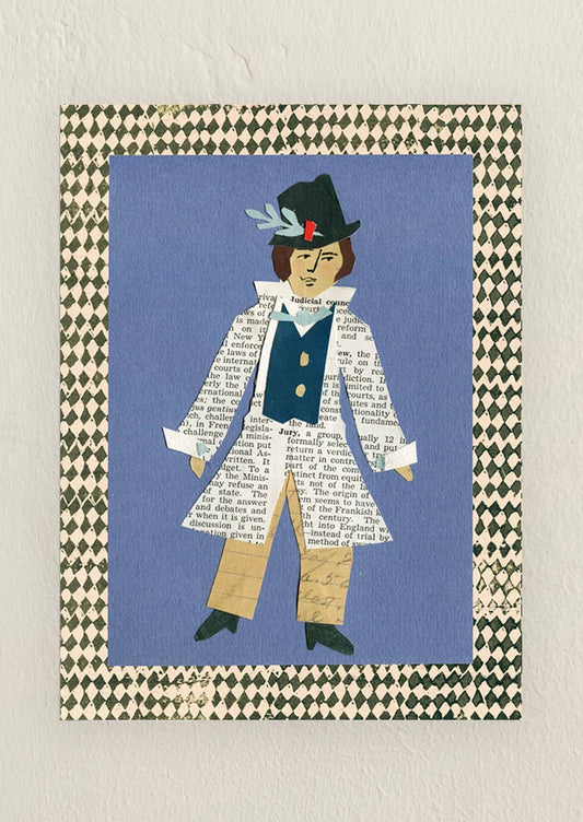 An art print of an original collage of a man wearing clothes made from newspaper.