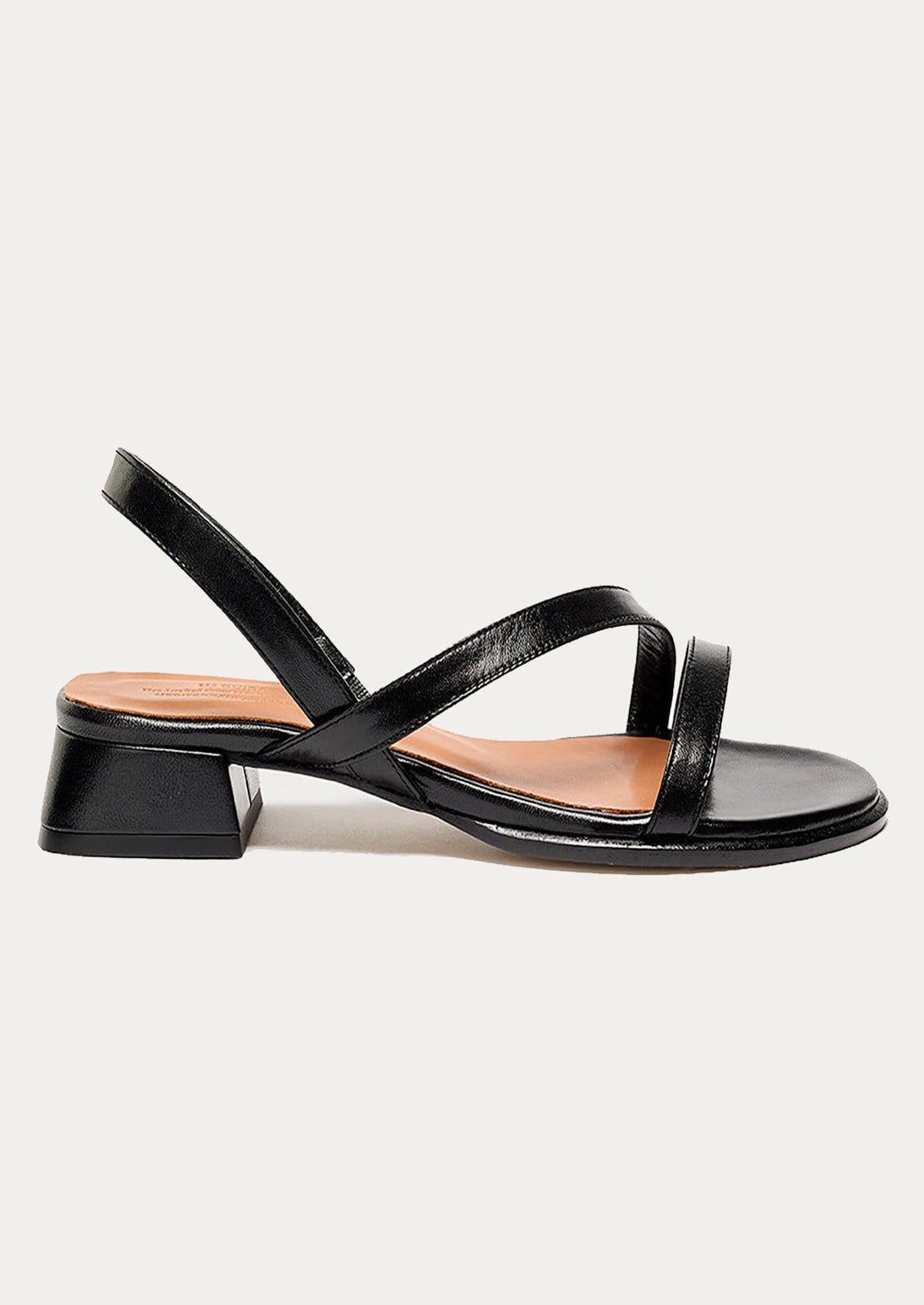 A strappy black leather sandal with a chunky heel.