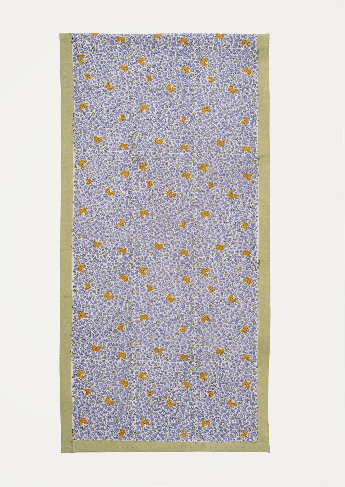 A table runner with lavender floral print and orange butterflies with sage green border.