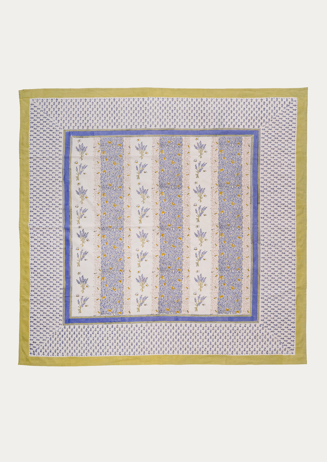 A tablecloth with lavender and bee print.