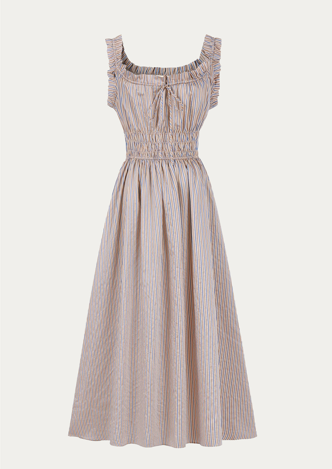 A smocked waist dress with ruffle trim, in brown and blue pinstripe.