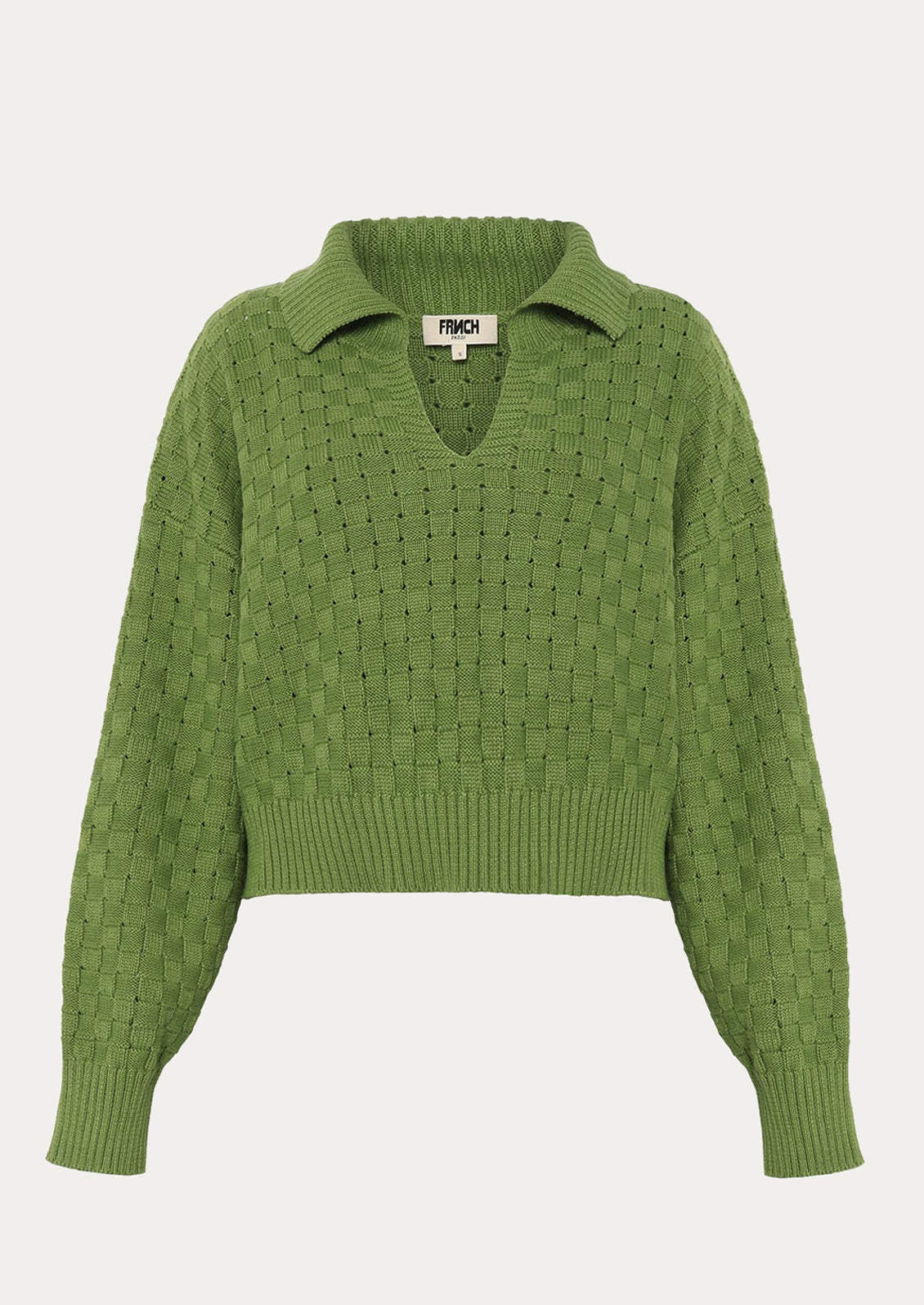 A collared v-neck sweater with woven texture in moss green.