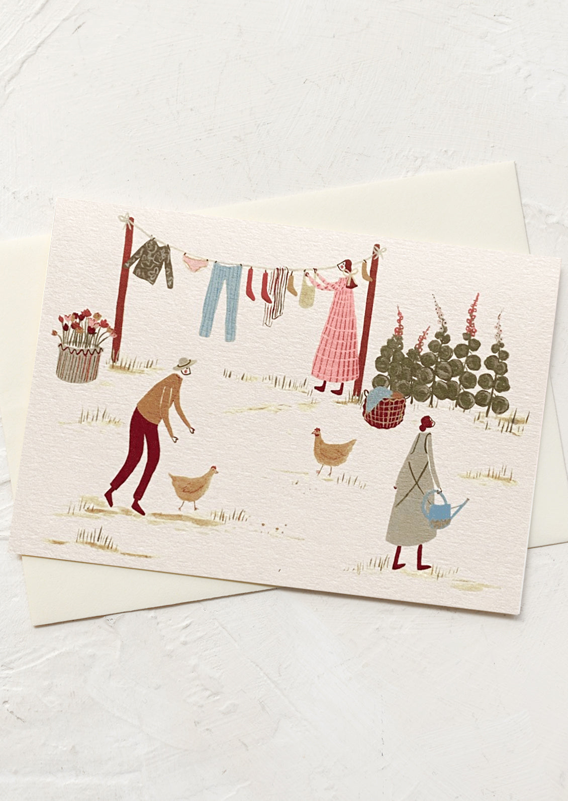 A card with illustration of people doing chores surrounded by chickens.