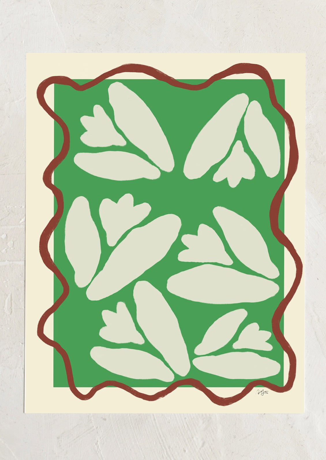 An art print on cream background with squiggly maroon frame around abstract lily of the valley flowers on green.