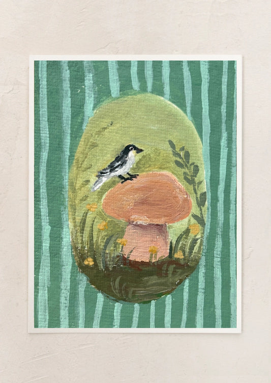 Illustration of a bird perched on a mushroom with a green striped background