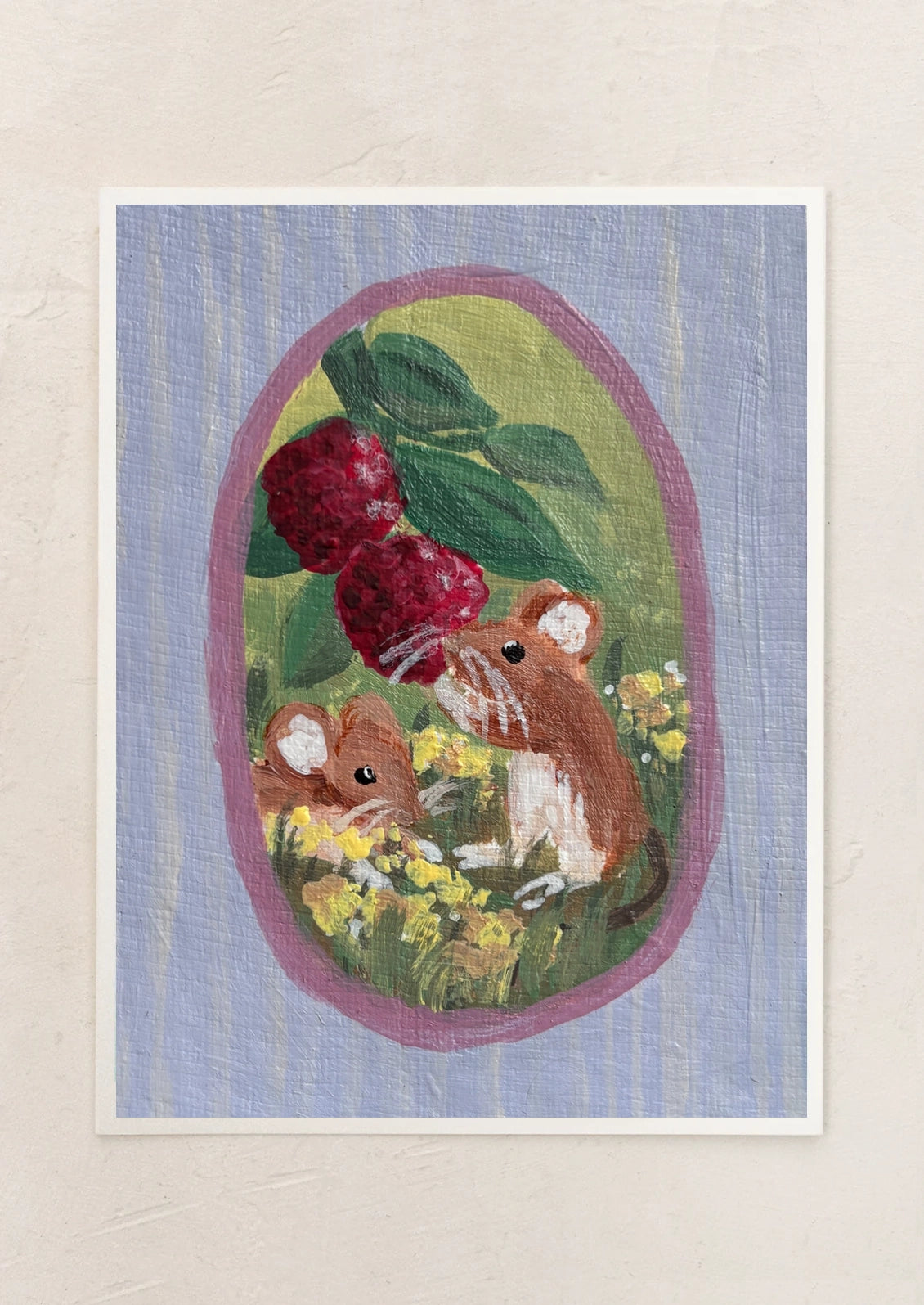 Illustration of two mice with a strawberry in a decorative frame on a textured background