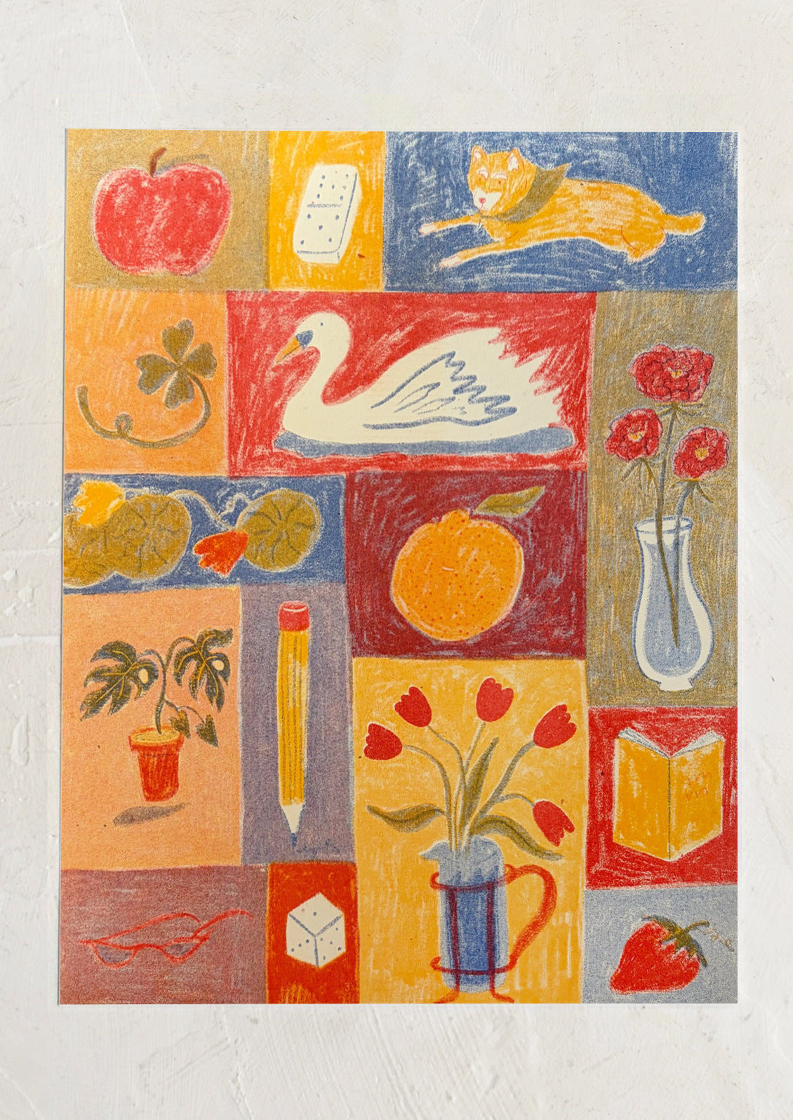 An art print showing colorful patchwork design with various objects including a swan, flowers, and fruits.
