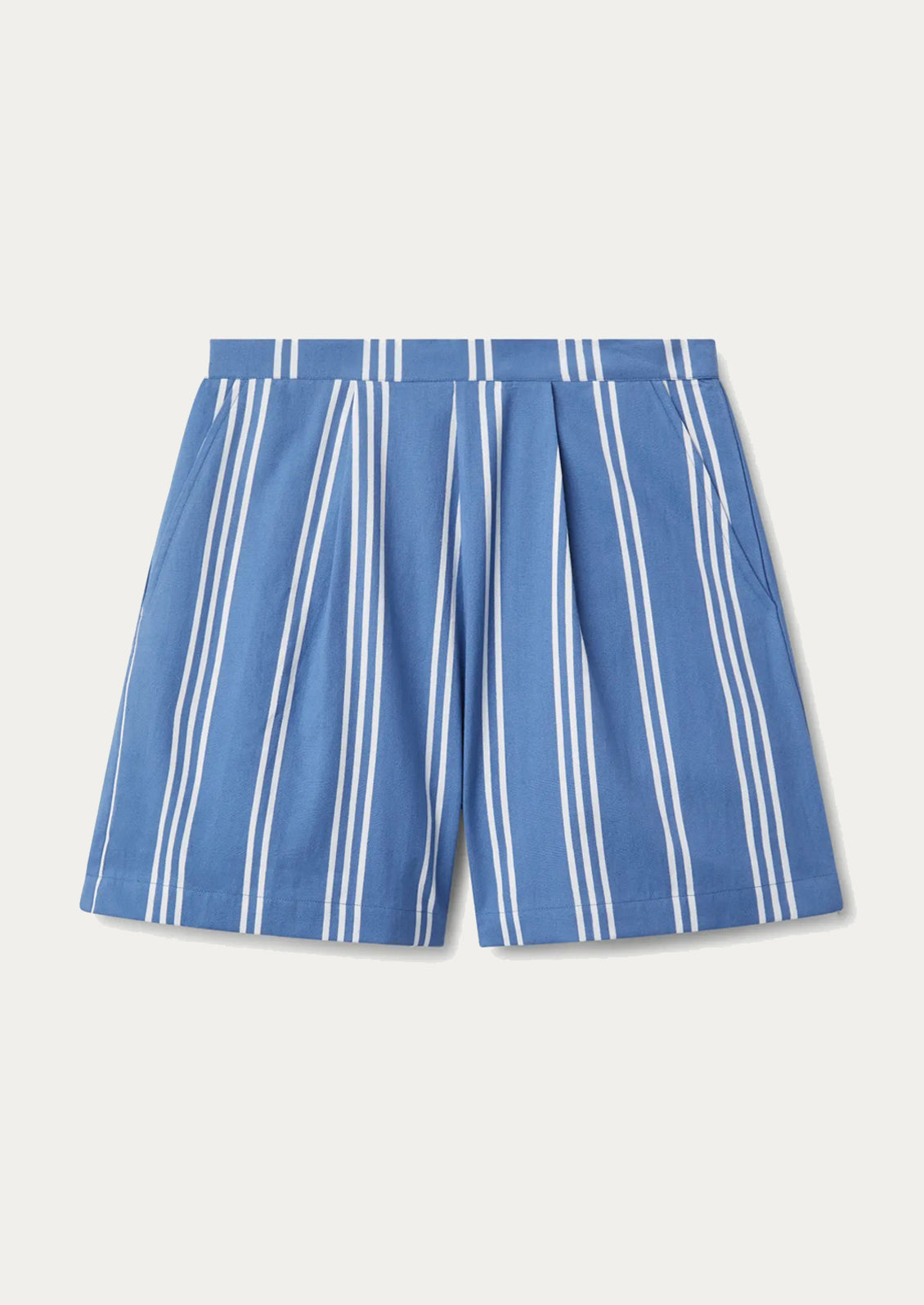 A pair of striped shorts in blue and white.